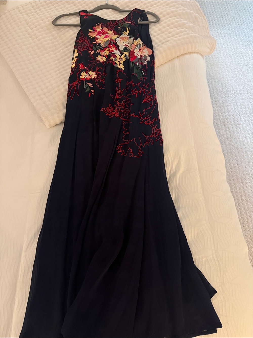 Anthropologie Black Midi Dress with Multicolor Floral Embroidery